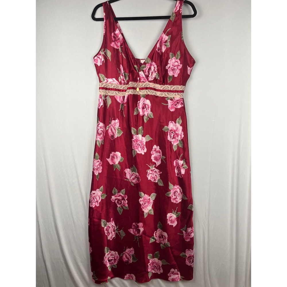 Vtg 90s Y2K Floral Lace Maxi Slip Dress Lg Burgundy Satin Lingerie w Camo Accent - Picture 1 of 5